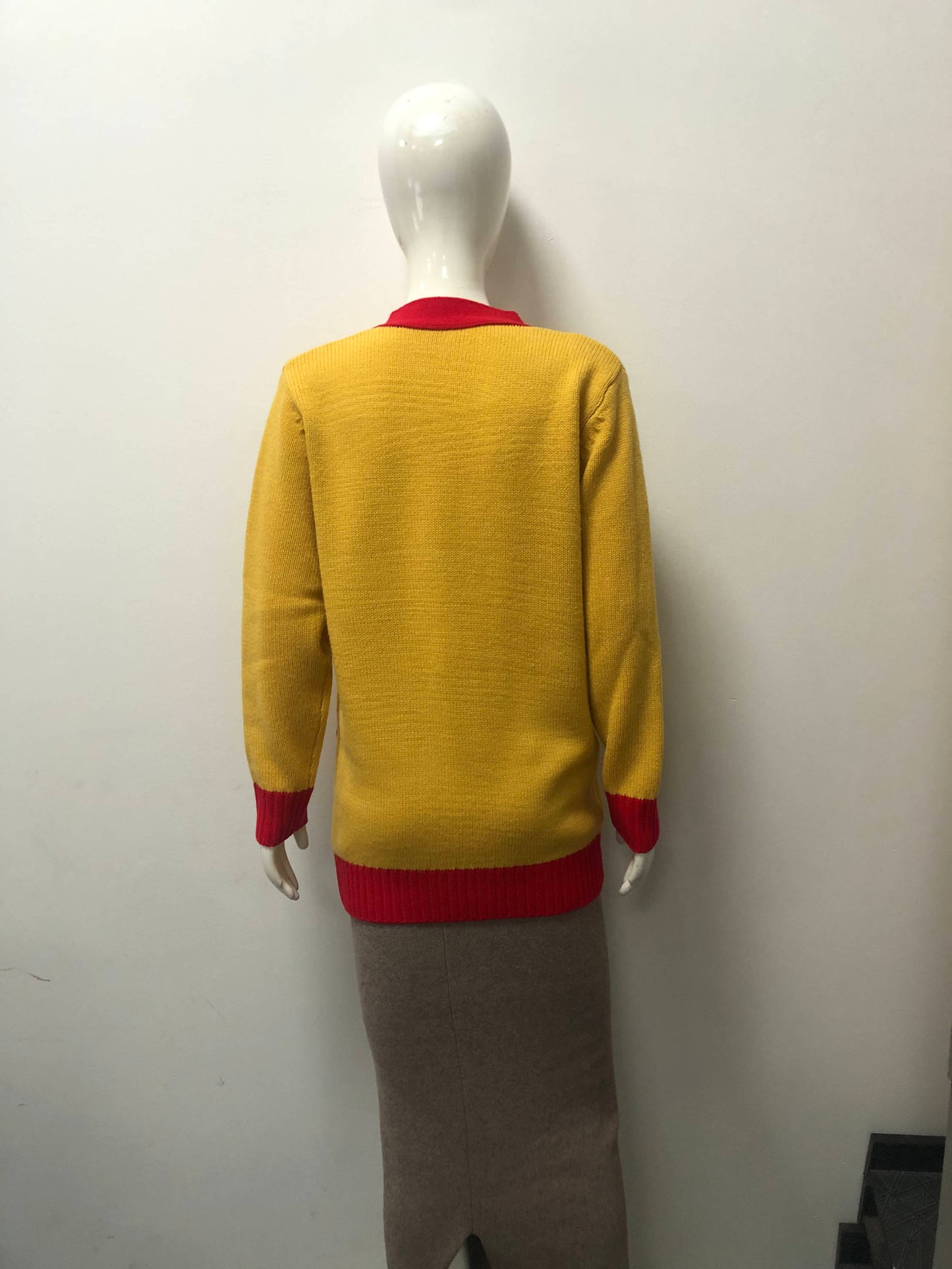 Gold Cardigan with Crest and Red Trim