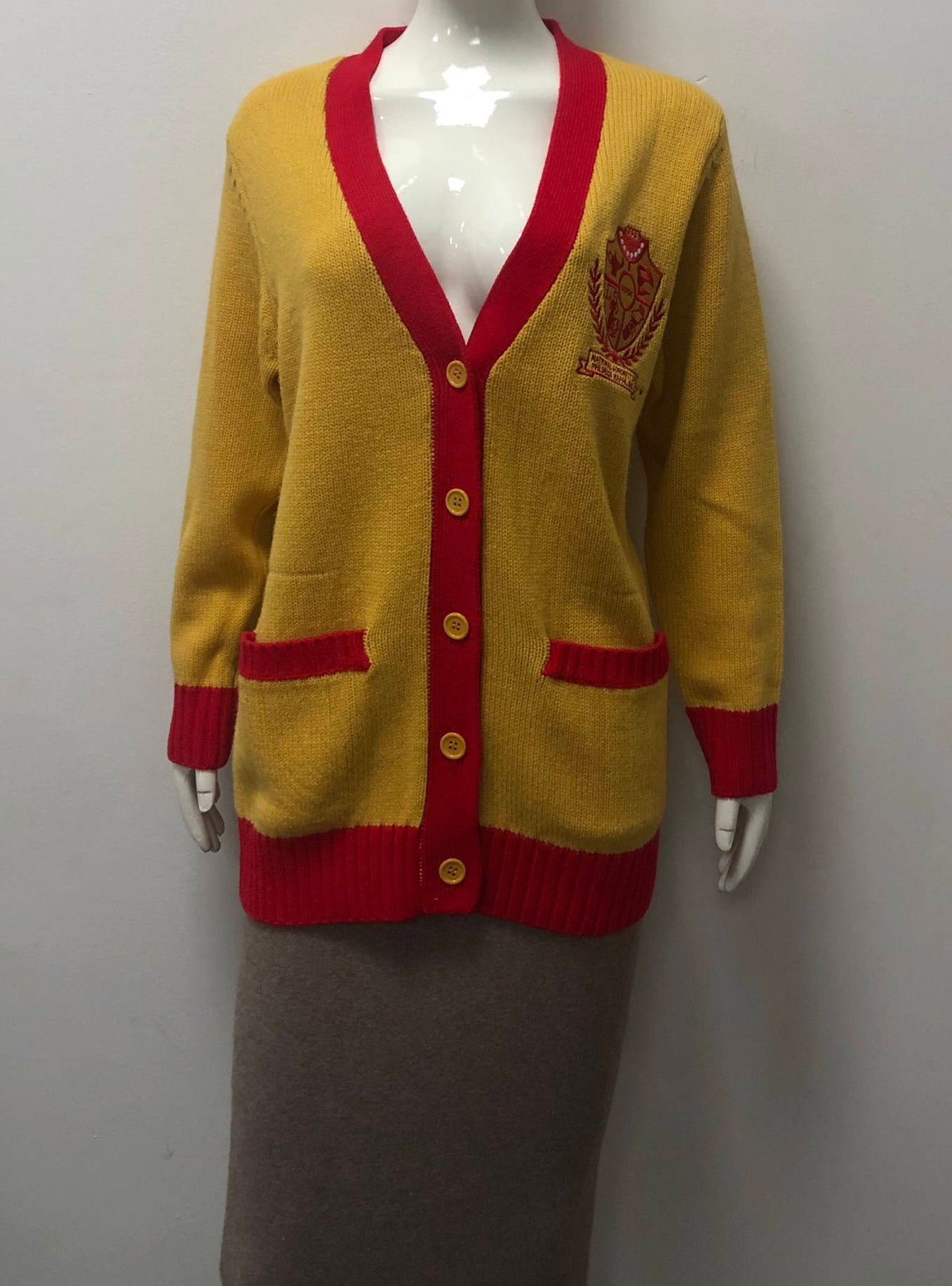 Gold Cardigan with Crest and Red Trim